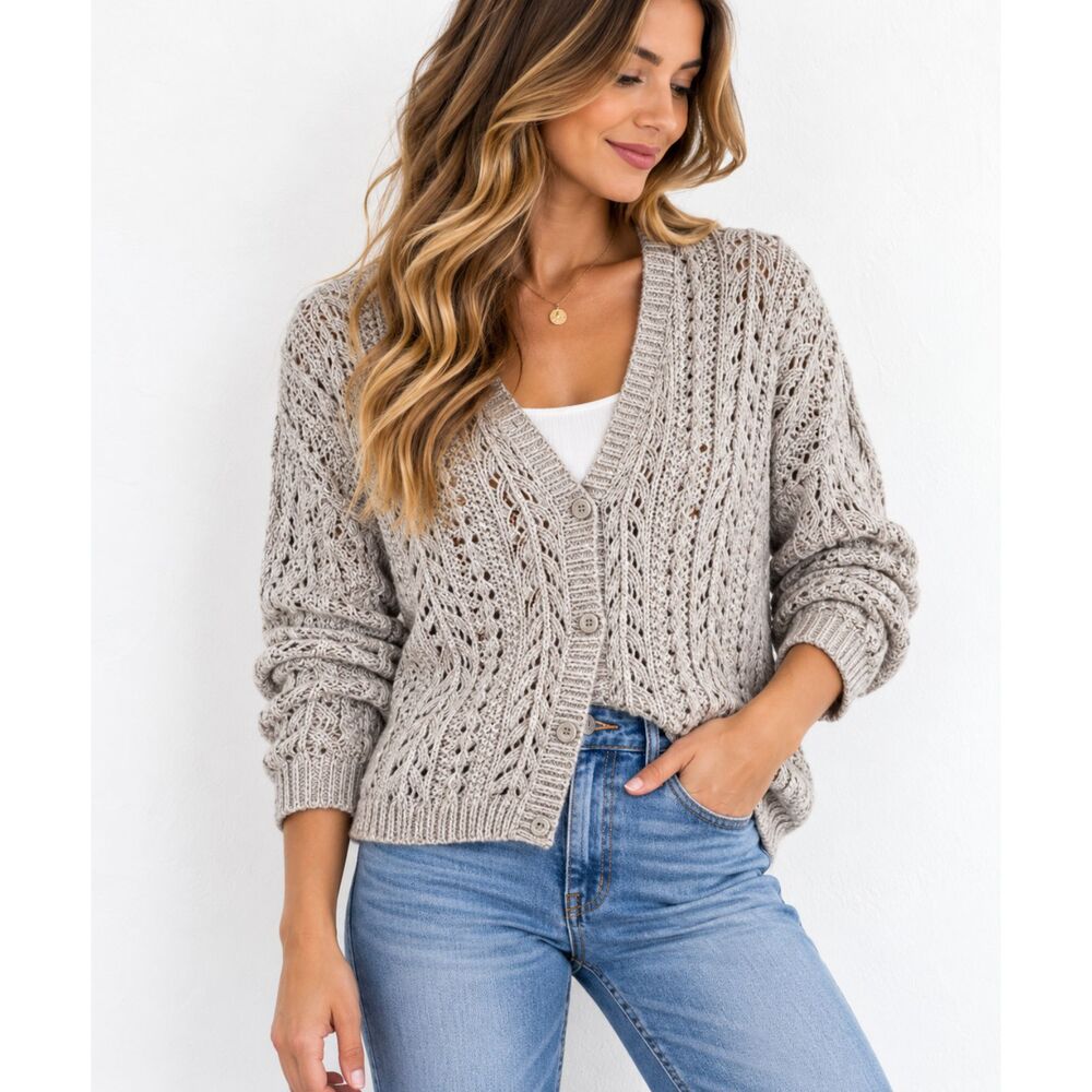 Vintage Eddie Bauer Legend Hand Knit Cardigan Women’s M Openwork Cable Sweater